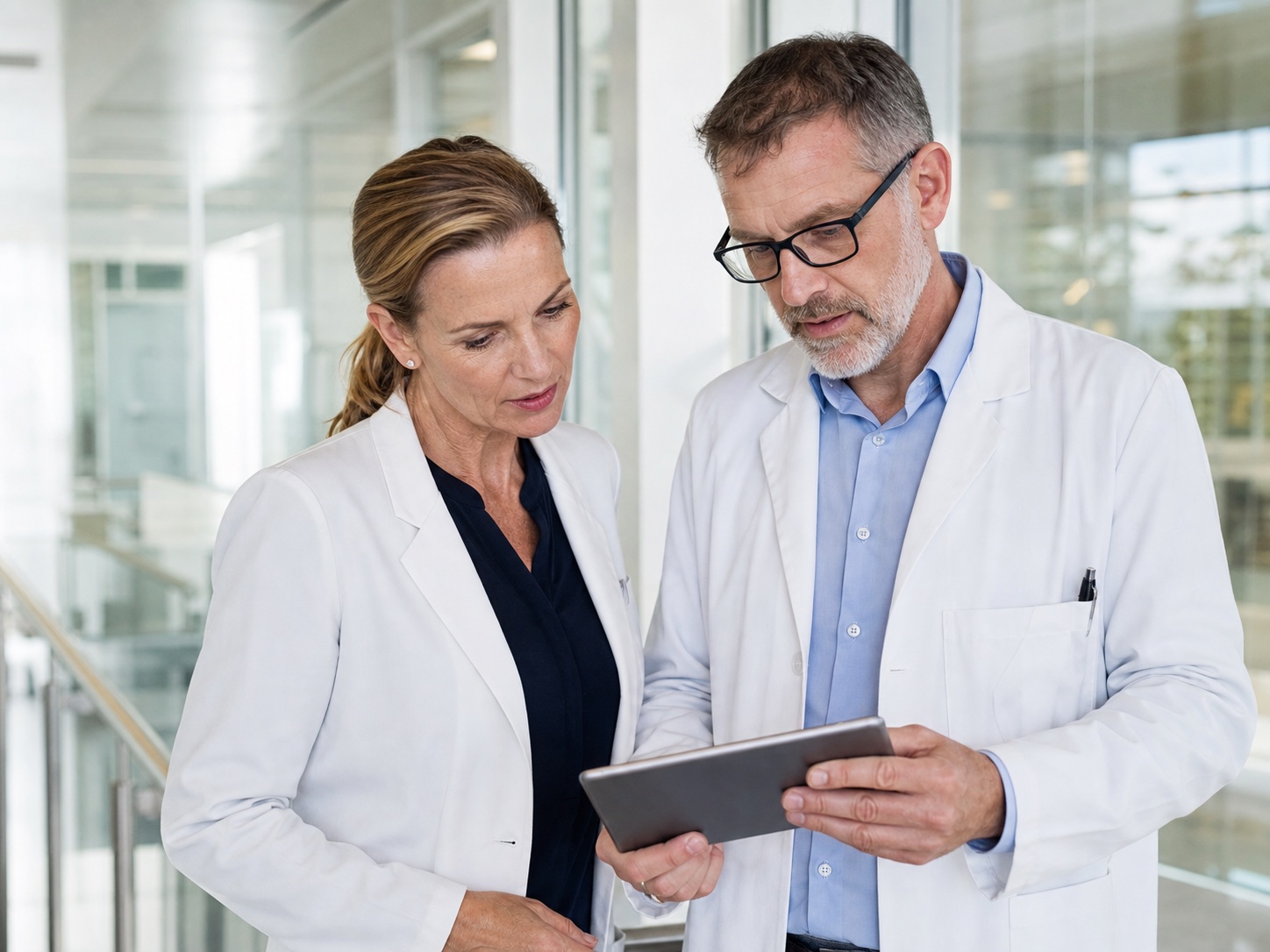 Two healthcare professionals reviewing results on a tablet
