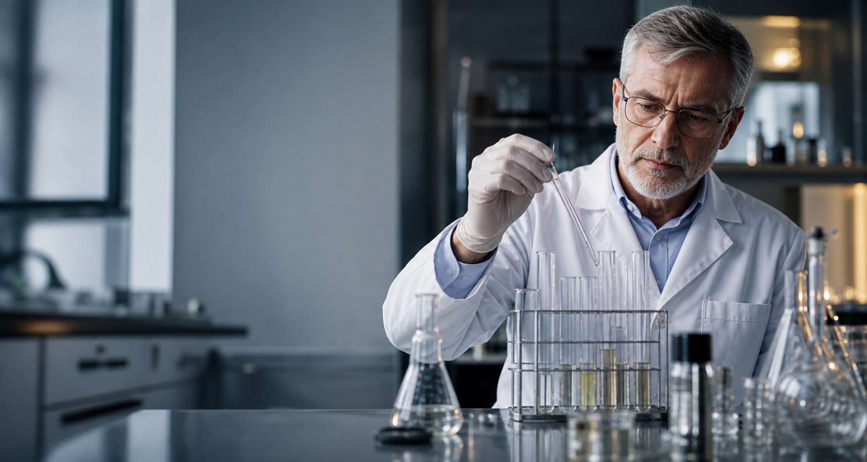 Laboratory glassware lit by warm golden light